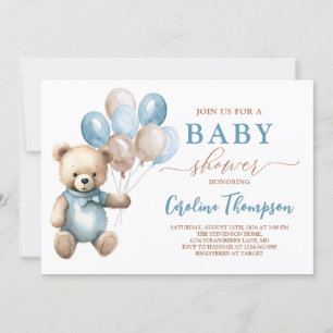 Super Cute Teddy Bear Boy Blue Pastel Baby Shower Invitation