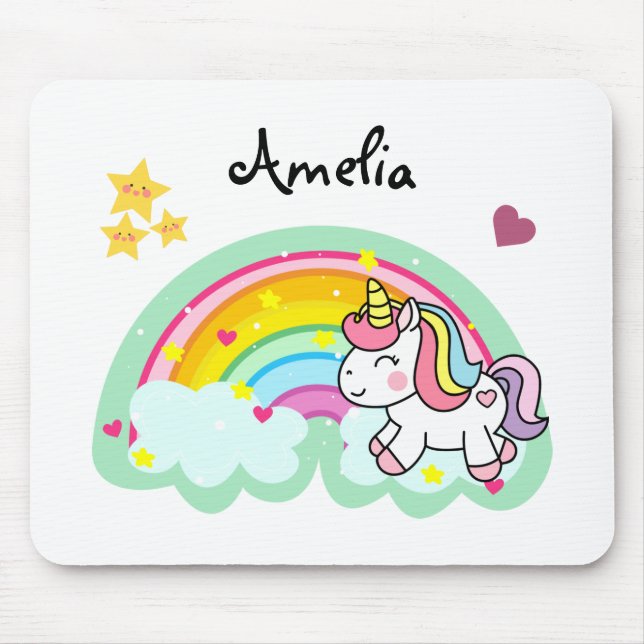 Super Cute Unicorn and Rainbow Personalised Mouse Pad (Front)