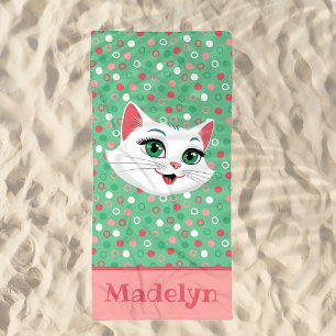 Super Cute White Cat Pink & Mint Green Beach Towel