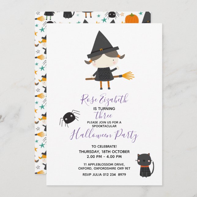 Super Cute witch Halloween Birthday Invitation (Front/Back)