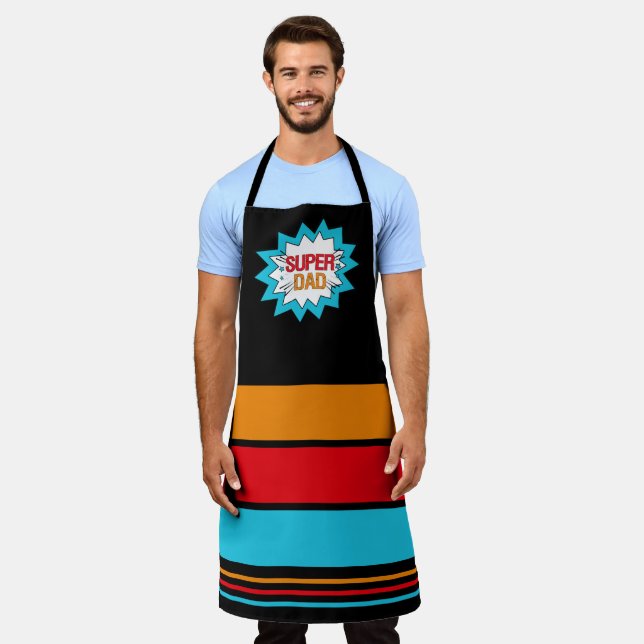 SUPER DAD Hero Theme Yellow Red Blue Black Apron (Worn)