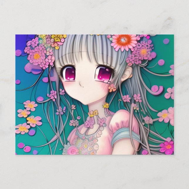 Super Detailed Anime Cartoon with Flowers and Glit Postcard (Front)