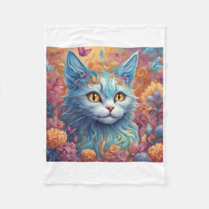 Super Elegant Cat With Colourful Flowers Sticker Fleece Blanket