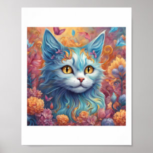 Super Elegant Cat With Colourful Flowers Sticker Poster