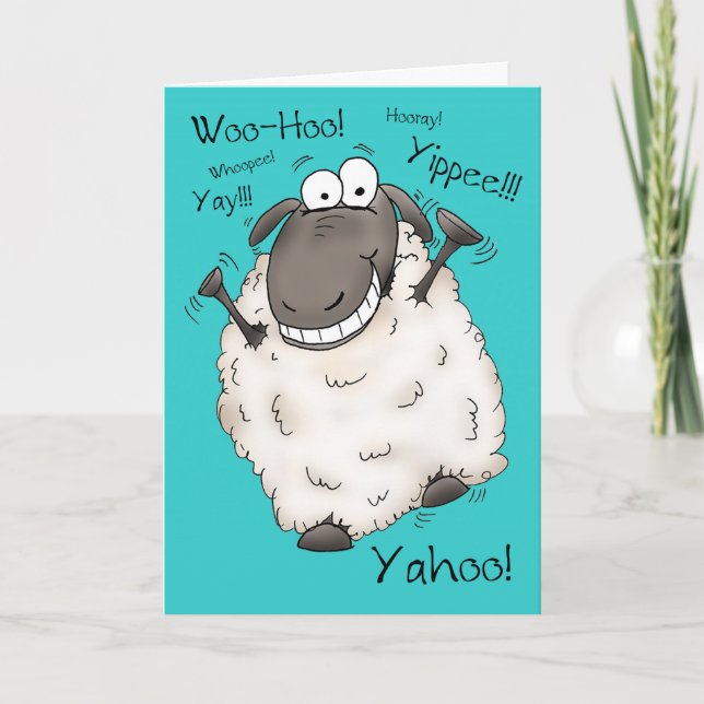 Super Excited Cartoon Sheep Birthday Card (Front)