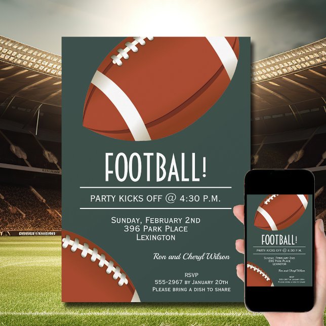 Super Fan Football Game Dark Green Party Invitation (Order INSTANT DOWNLOAD to send digitally or PRINTED cards to mail or both!)