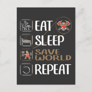 Super Firefighter saves the World. Funny saying. Postcard