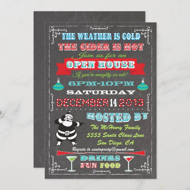 Super Fun Chalkboard Christmas Open House Invitation (Front/Back)