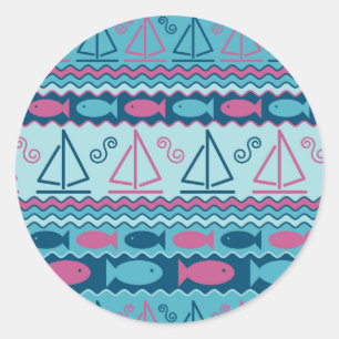 Super Fun Fish And Sailboat Pattern Classic Round Sticker