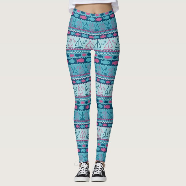 Super Fun Fish And Sailboat Pattern Leggings (Front)