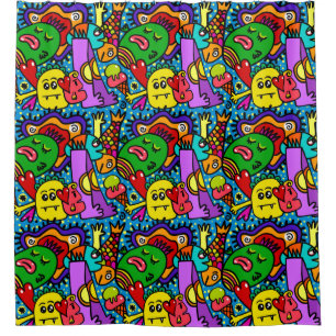 Super Fun Kids Doodle Creatures Blue Red Green Shower Curtain