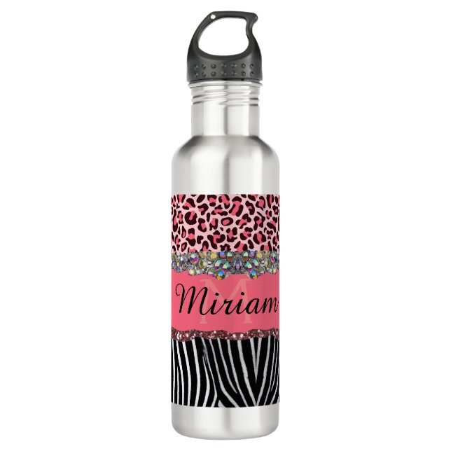 Super Girly Pink Glitter Exotic Leopard Print 710 Ml Water Bottle (Front)