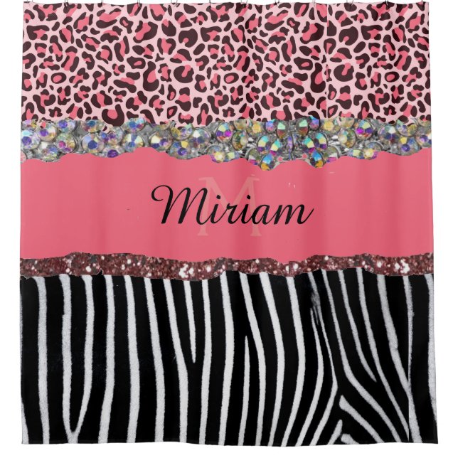 Super Girly Pink Glitter Exotic Leopard Print  Shower Curtain (Front)
