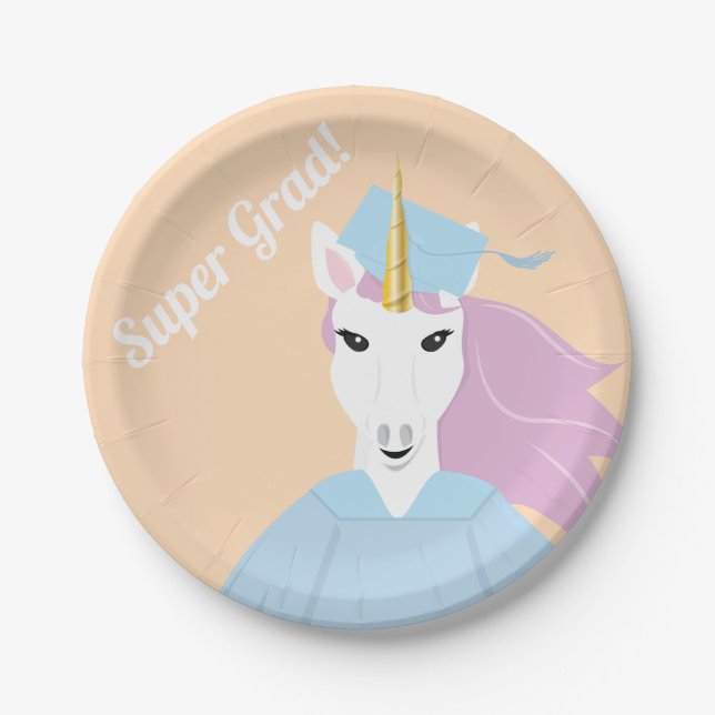 Super Grad Unicorn Peach Blue Purple Graduation Paper Plate (Front)