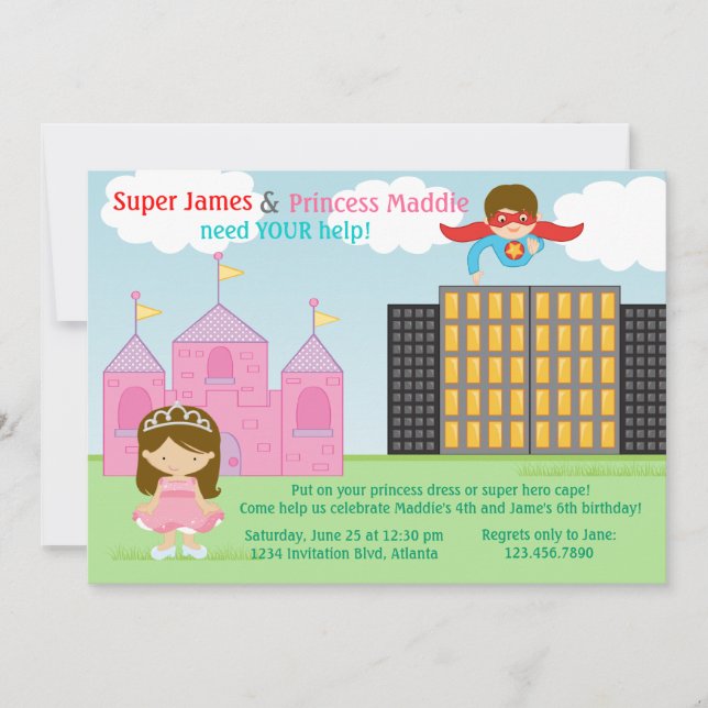 Super Hero and Princess Twins Joint Birthday Party Invitation (Front)