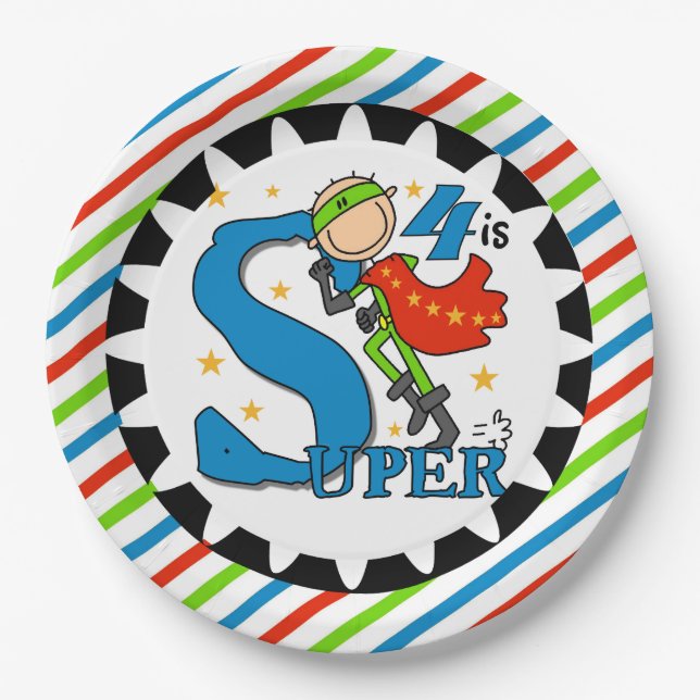 Super Hero Boy 4th Birthday Paper Plates (Front)