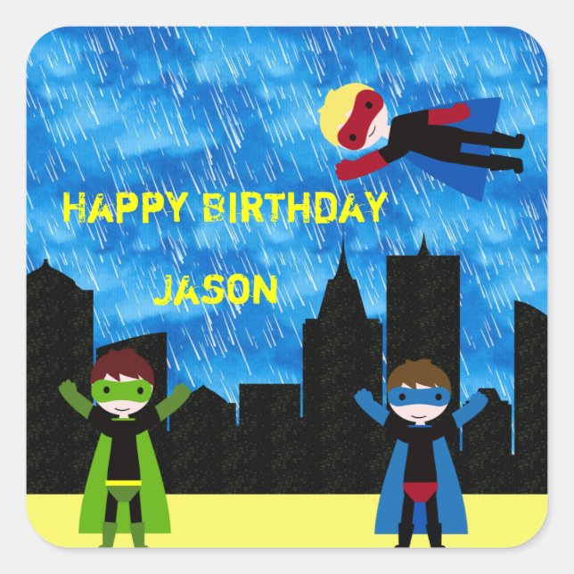 Super Hero Boys Bithday Party Square Sticker (Front)