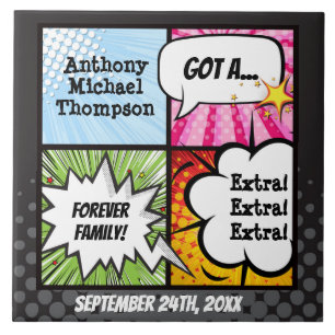 Super Hero Comic Book Adoption, Family Gift Ceramic Tile