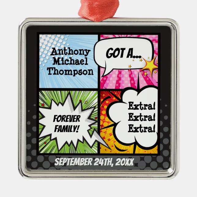 Super Hero Comic Book Adoption, Family Gift Metal Ornament (Front)