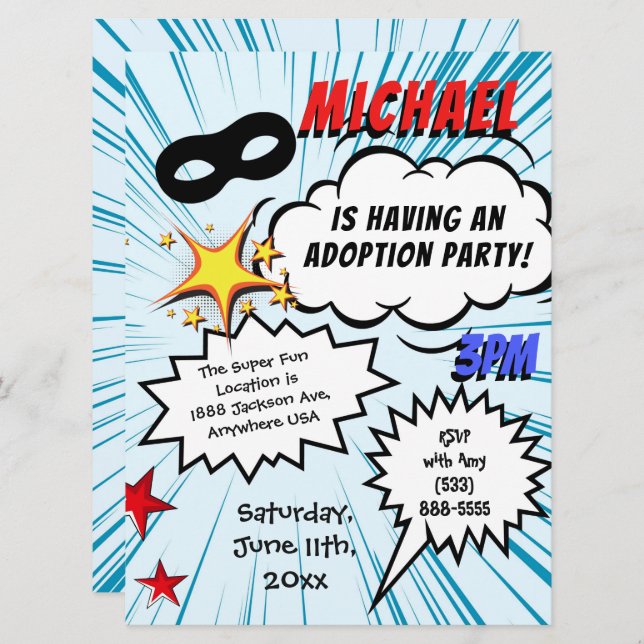 Super Hero Comic Book Adoption Party Invitation (Front/Back)