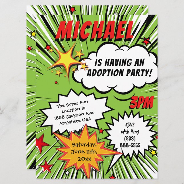 Super Hero Comic Book Adoption Party Invitation (Front/Back)
