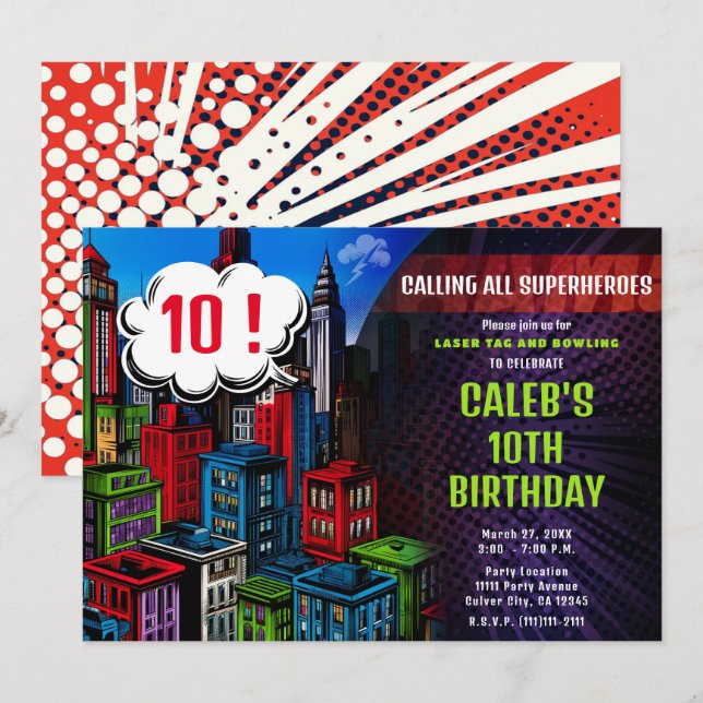 Super Hero Comic Book City Birthday Party Invitation (Front/Back)