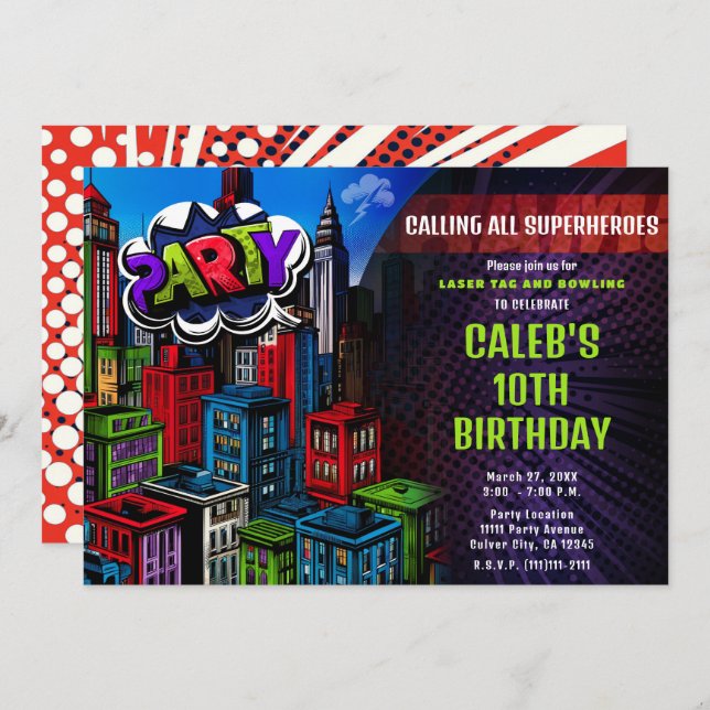 Super Hero Comic Book City Birthday Party Invitation (Front/Back)