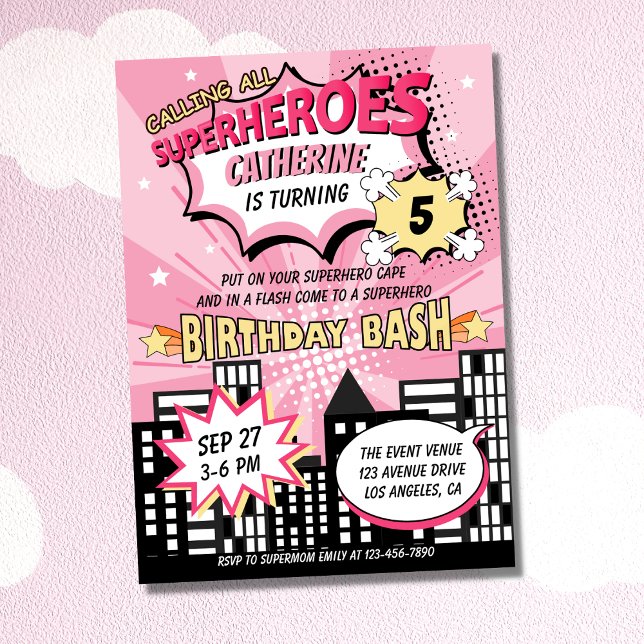 Super Hero Comic Book Style Girl Birthday Pink Invitation (Creator Uploaded)