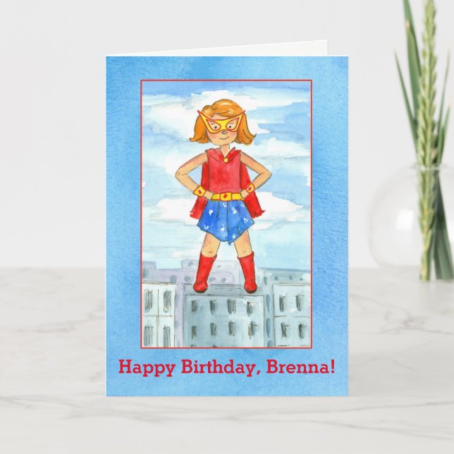 Super Hero Girl Happy Birthday Custom Name Card (Front)
