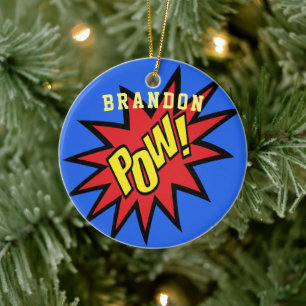 Super Hero Pow Custom Colour Personalised Ceramic Tree Decoration