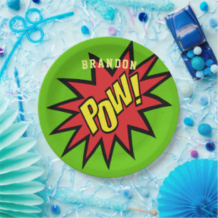 Super Hero Pow Custom Colour Personalised Paper Plate