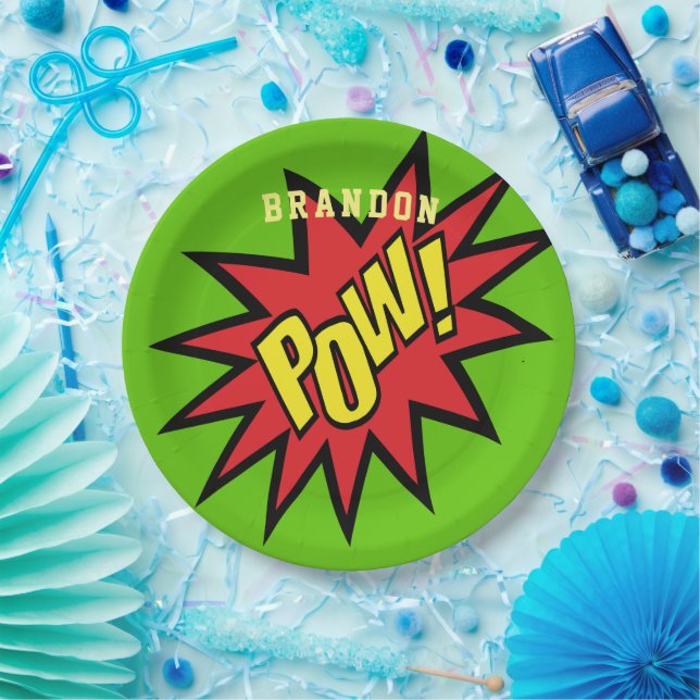 Super Hero Pow Custom Colour Personalised Paper Plate (Party)