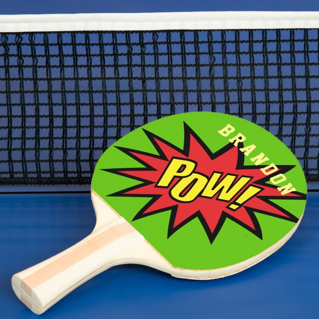 Super Hero Pow Custom Colour Personalised Ping Pong Paddle (Insitu)