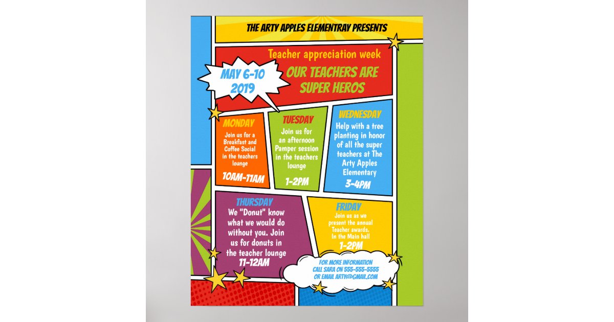 super hero Teacher Appreciation Week Itinerary Poster | Zazzle