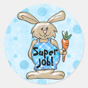 Super Job! Tan Bunny on Blue Round Reward Classic Round Sticker