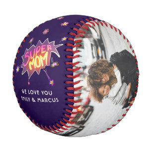 Super Mom Hand Lettering Purple Keepsake Photo Baseball