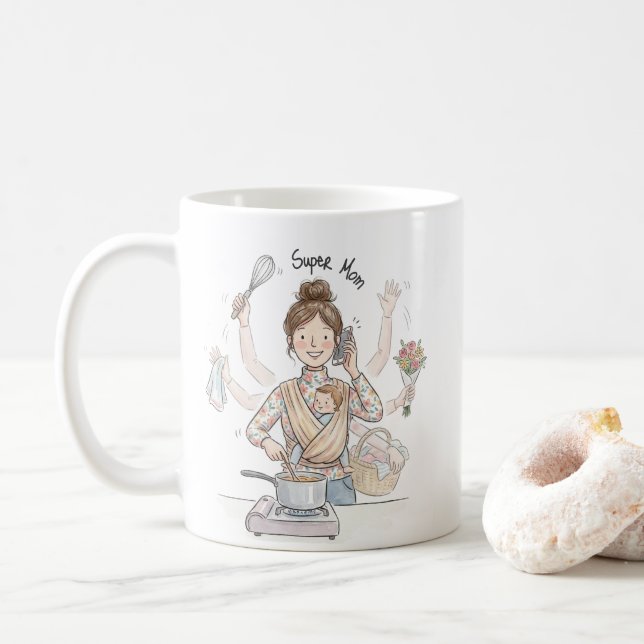 Super Mom Multitasking Illustration Mug | Cute Mug (With Donut)