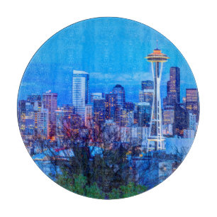 Super Moon rising near Seattle skyline Cutting Board