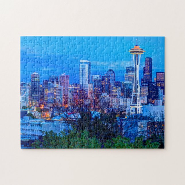 Super Moon rising near Seattle skyline Jigsaw Puzzle (Horizontal)