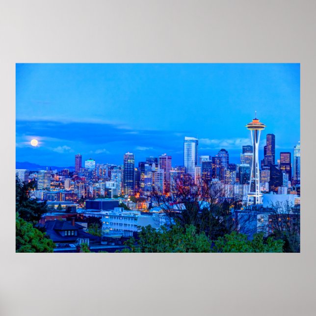 Super Moon rising near Seattle skyline Poster (Front)