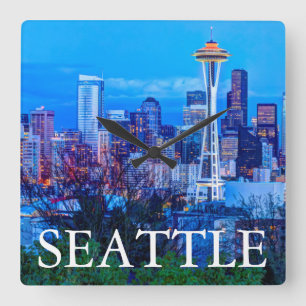 Super Moon rising near Seattle skyline Square Wall Clock