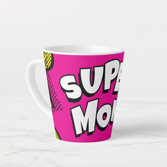 “Super Mum” Colourful Comic Book Pop Art Latte Mug (Left Angle)