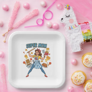 Super Mum Cooking Vintage Cartoon Apparel Paper Plate