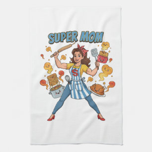 Super Mum Cooking Vintage Cartoon Apparel Tea Towel