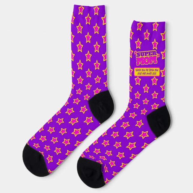 Super Mum custom message purple pink yellow star Socks (Left)