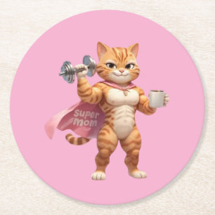 Super Mum Gym Cat Round Coaster
