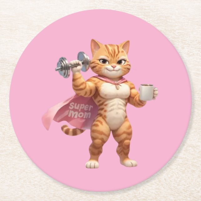 Super Mum Gym Cat Round Coaster (Front)