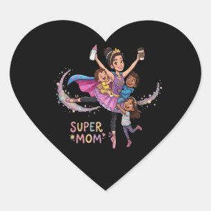 Super Mum: Hero Mother with Three Kids Illustratio Heart Sticker