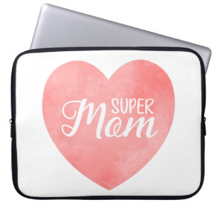 Super mum in pink watercolor heart, mother's day laptop sleeve