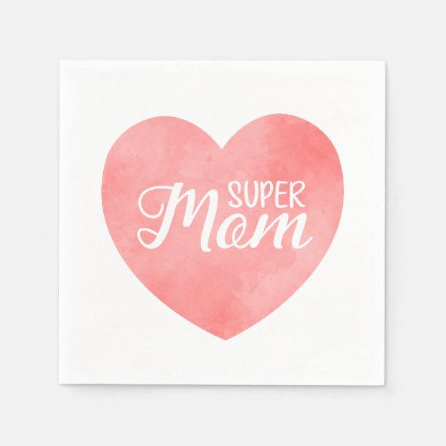 Super mum in pink watercolor heart, mother's day  napkin (Front)